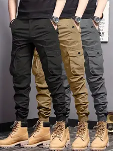 Men’s lightweight cargo pants for spring/summer/autumn — outdoor long pants with multiple pockets, featuring a belt loop closure and a no-zip, non-stretch design; suitable for work (solid color); machine washable.