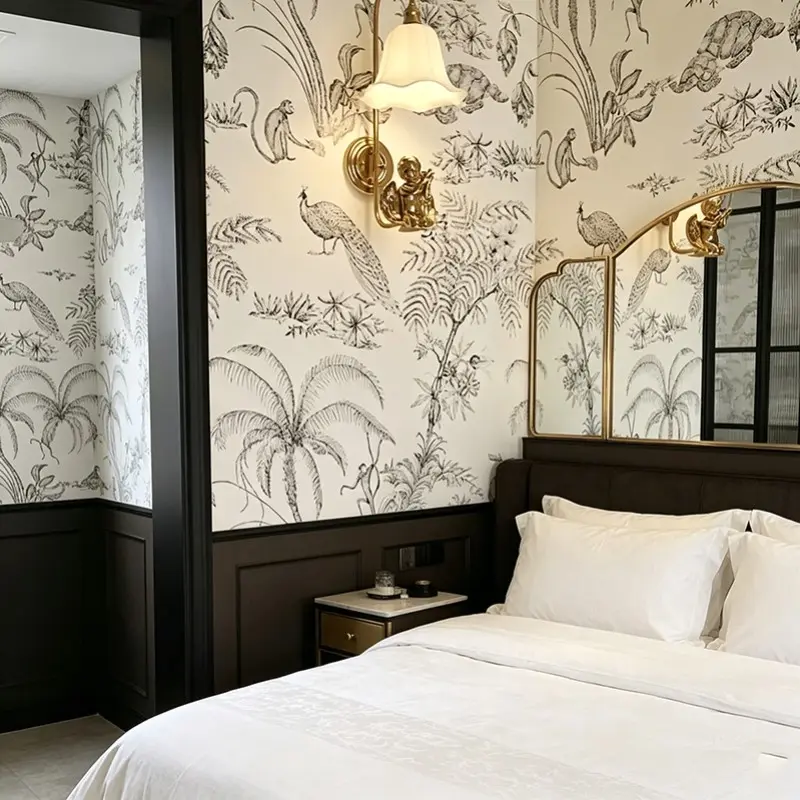 Vintage Jungle Toile Peel & Stick Wallpaper, Self Adhesive Wallpaper, Removable Monkey & Peacock Sketch, Mould-Proof, Renter Friendly, Aesthetic Room Upgrade, Boho Adhesive Wallpaper, Decorative Wallpaper