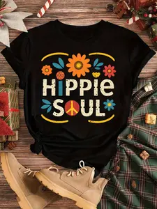 1pc bold style |   HIPPIE SOUL WOMEN'S T-SHIRT- COLORFUL FLORALS WITH PEACE LOGO PATTERN, CASUAL SHORT-SLEEVED CREW NECK, HIPPIE OUTFIT