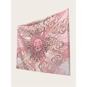 Pink Sun God tapestry — bohemian celestial tapestry; celestial Sun tapestry; bedroom decor; Pink Sun God tapestry with light decoration; girly bedroom wall tapestry; celestial cloud tapestry; peach-orange sun face wall tapestry;
