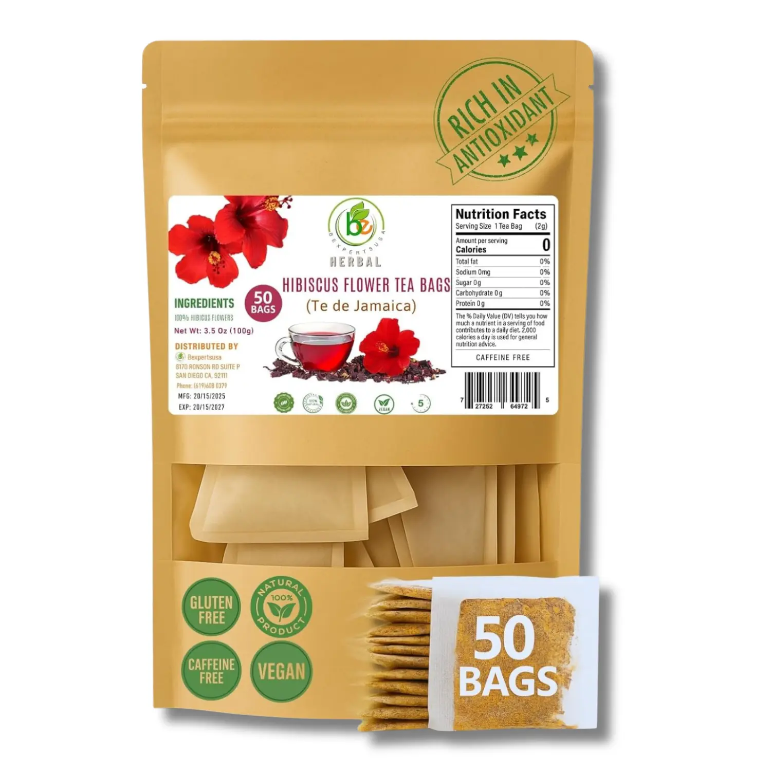 Hibiscus(Jamaica) Premium Flowers Tea Bags – 50 Count (2 g Each) – 100% Natural – Vacuum-Sealed for Freshness – Non-GMO, Sugar-Free, Gluten-Free, Caffeine-Free – Tart & Refreshing Hot or Iced Tea – Vegan – by BexpertsUSA