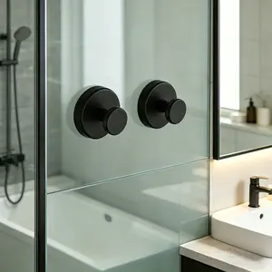 2PCS Bathroom Suction Hooks No Drill Self Adhesive Wall Hooks for Towel Robe and Loofah Waterproof Vacuum Hook for Shower Glass Door Removable Rotating Hook Rack Organiser