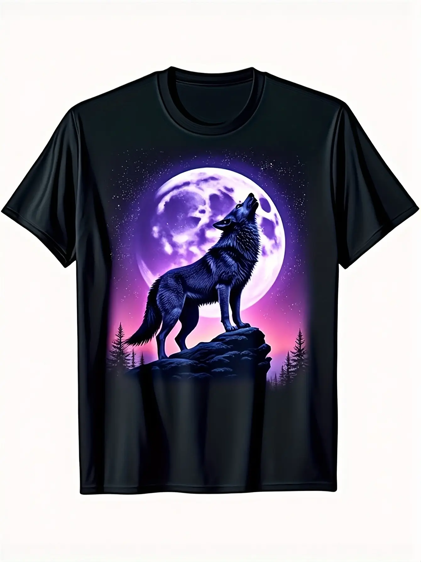 Wolf Howling for Galaxy Purple Starry Night T-Shir unisex soft cotton short sleeve t shirt, vintage graphic casual tee for men women teens, perfect birthday holiday gift for camping travel gym daily street  wear