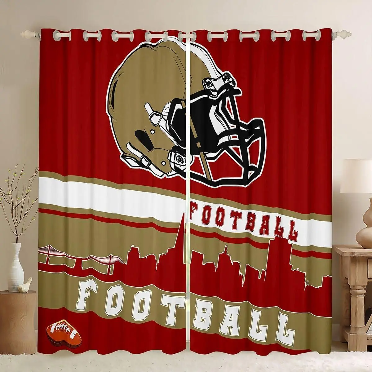Football Curtains,2 Panels Football Fans Blackout Curtains Boys Football City Curtains & Drapes Red Rugby Competition Sports Ball Game Window Curtains