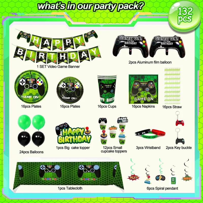 Video Game Birthday Party Decorations for Boys,132pcs Birthday Decorations&Tableware Set-Plates Cups Napkins Tablecloth Balloons