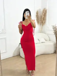 Backless Halter Dress, Slimming Fit, Draped Neckline, Side Slit A-Line Ankle-Length Skirt, Elegant Chic Party Wear