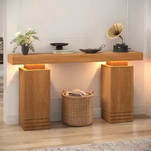 63-Inch Long Console Table with LED Lights, Sofa Table Behind Couch, Wooden Entry Table for Entryway, Hallway, Living Room, Mid-Century Modern Walnut Brown