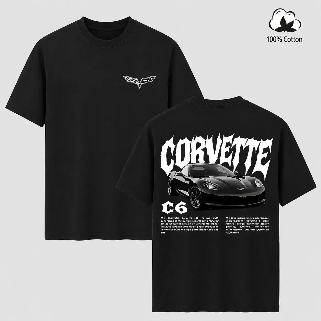 Vintage Washed Corvette C6 Graphic T-Shirt, Washed Racing Car Tee, 100% Cotton Crewneck, Classic Sports Car Merch for Men & Boys, Trendy Retro Unisex Top