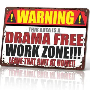 Warning This Area Is A Drama Free Work Zone 12x8 Inch Aluminum Metal Sign - Tough Office Wall Decor for Cubicle, Desk, and Break Room - Funny Tin Sign Gift for Coworkers & Bosses