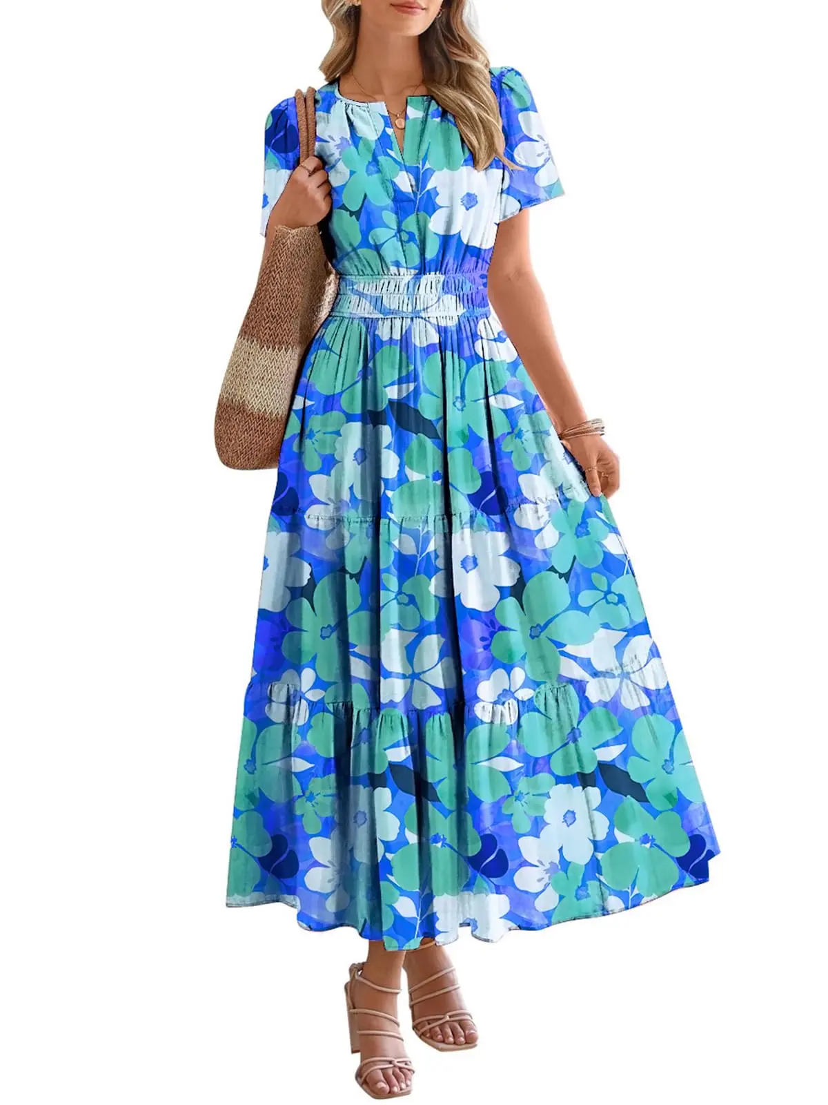 BTFBM Summer Dresses for Women 2026 Floral Casual Short Sleeve V Neck  Elastic Waist Maxi Wedding Guest Dress Pockets - TikTok Shop