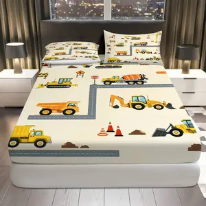 3Pcs Construction Vehicle Roadwork Fitted Sheet Three Piece Set (1*Fitted Sheet+2*Pillowcases, Coreless), Party theme, Excavator Truck Bedding Set, Mattress protector Soft, Breathable