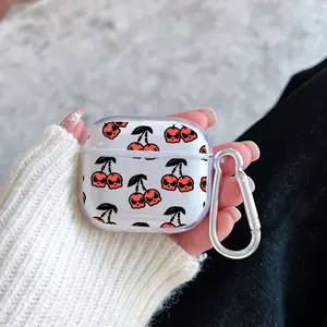 Skull Cherry Party Pattern Protective Case for AirPods 4/3/2/1/Pro/Pro2 Soft TPU Earphone Cover, Transparent with Keychain