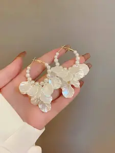 Elegant Flower Petal Hoop Earrings with Long Fringe and Long Tassel, High-End Pearl Ear Decor for Women, Casual All Season Jewelry