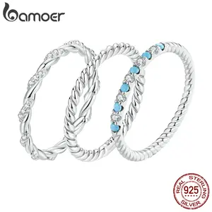 925 Sterling Silver Wedding Band for Women Synthetic Turquoise Twisted Rope Half Eternity Band Ring SCR1024