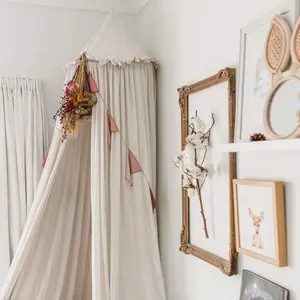 Kids Bed Canopy with Frills Cotton Hanging Tent Curtain Net for Reading Nook Hideaway Bedding Play Room Decor (Beige)