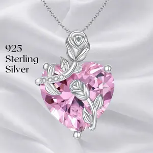 Fashionique 925 Sterling Silver Heart & Rose Necklace, 5A Cubic Zirconia Pendant, Perfect Jewelry Gift for Mom Wife Her, Valentine's Day Birthday Anniversary