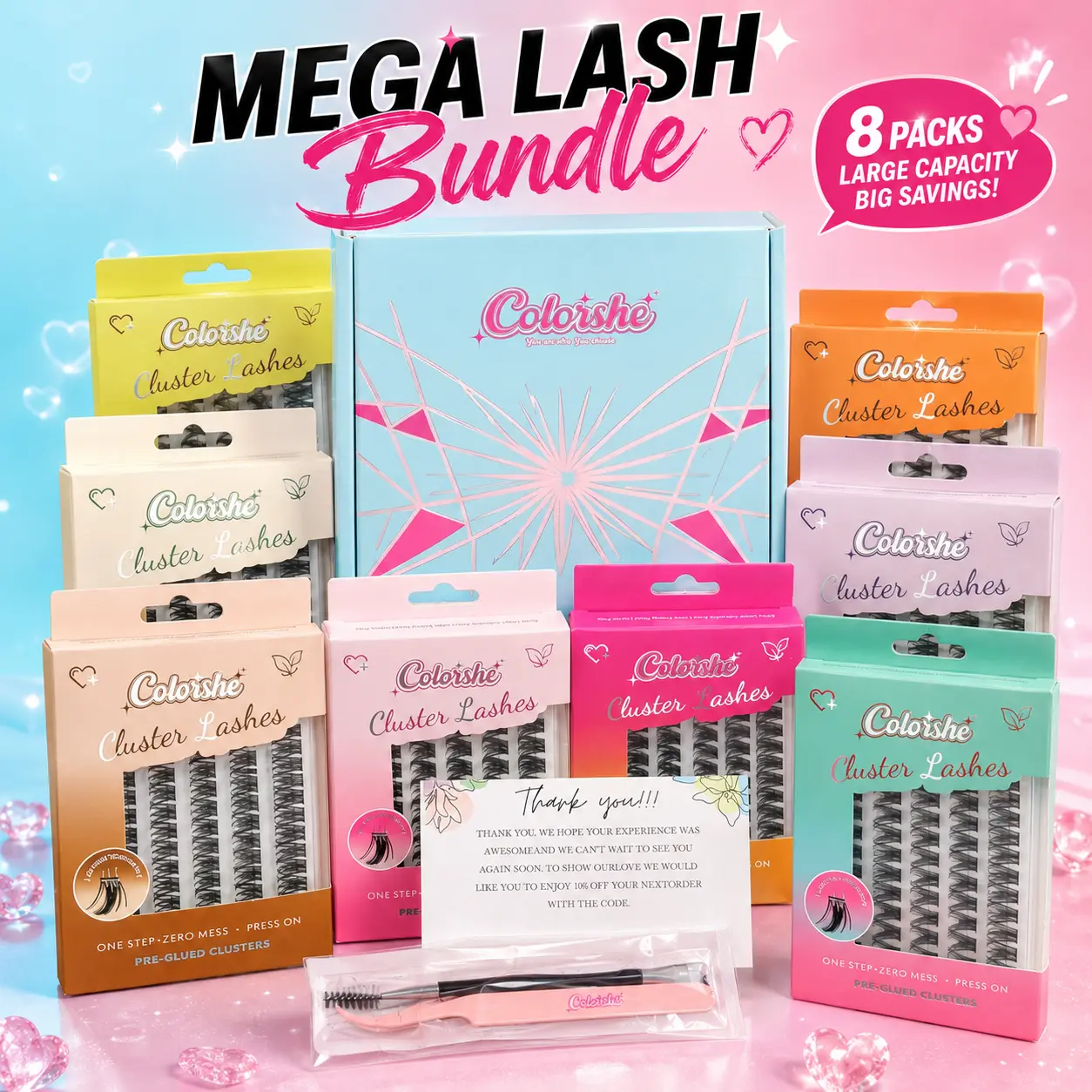 Coloishe Lash Clusters Kit,Unique-Shaped Adhesive Strip Lashes-No Glue Self Adhesive False Eyelashes with Nano-Ion Jelly Glue, Strong Hold Ultra Thin Comfort,Mixed Length Set