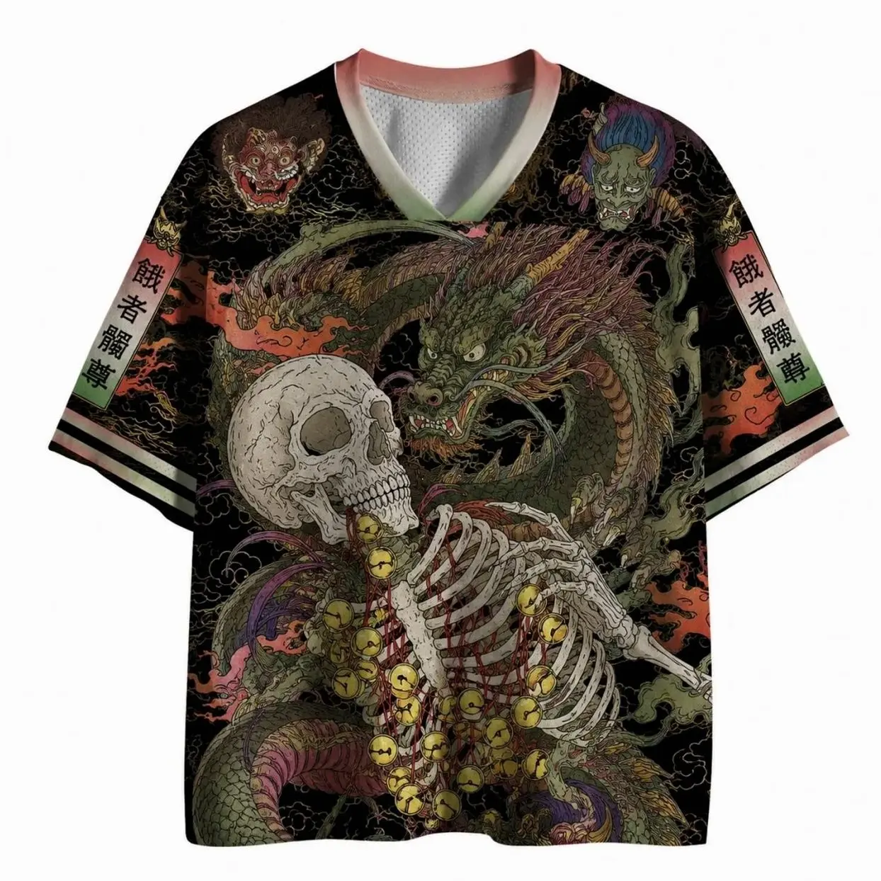Japanese Dragon Skeleton Jersey, Oni Mask V-Neck Mesh Shirt, Dark Fantasy Graphic Sports Jersey