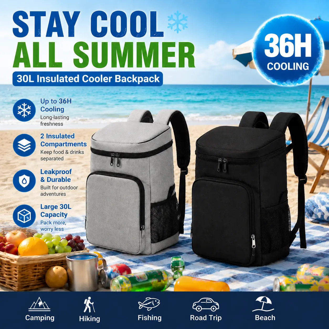 AUSQI Cooler Backpack - 40 Cans Insulated Backpack Cooler for Men & Women, Portable 2 Leak Proof Compartments Coolers Bag for Beach Travel Picnic Lunch Hiking BBQ Camping