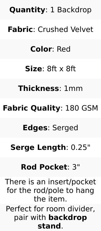 Red Crushed Velvet Backdrop Curtain – 8ft x 8ft Event Drape with Rod Pocket, Privacy Panel for Photo Booths & Events