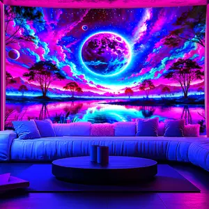 1pc Glow-in-the-Dark Neon Gradient Planet Tapestry - UV Reactive Fluorescent Art, Large Peach Light Beige Fabric Wall Hanging for Bedroom, Party & Festival Decor with Free Hanging Accessories, Home Decoration, Cosmic Design, Durable Material, Interior