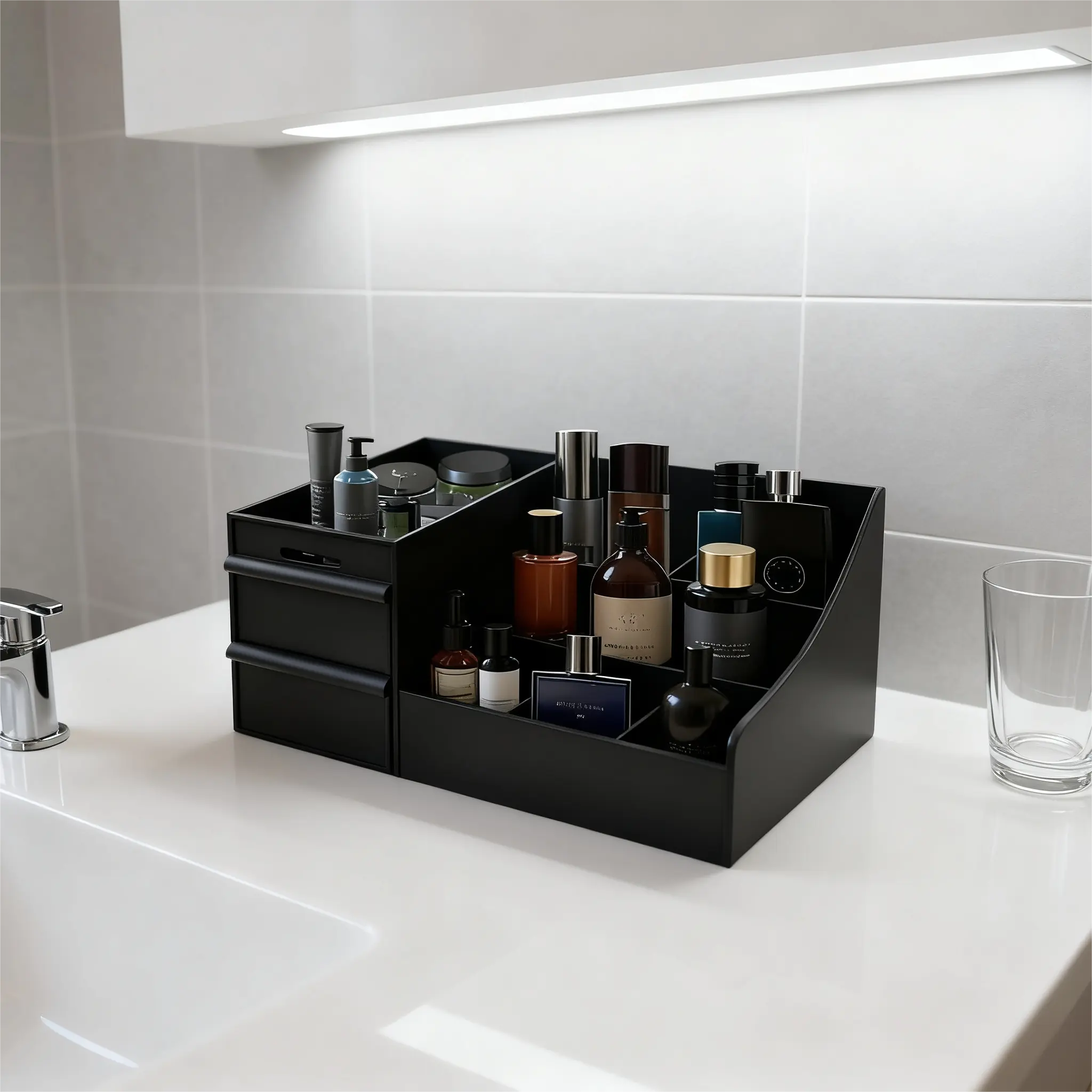 Beauty Organizer for Men, Multifunctional Storage Bin with 7 Divided Compartments & 2 Drawers - Black Plastic Vanity Countertop Caddy for Cologne & Skincare, Makeup Organizer Box