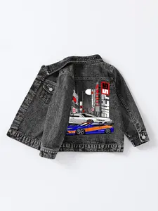 Boys' Vintage Appeal Denim Jacket, Classic Cool Car Print, Tokyo Street Style, American Retro Baby Top, Casual for All Seasons, Cotton Material