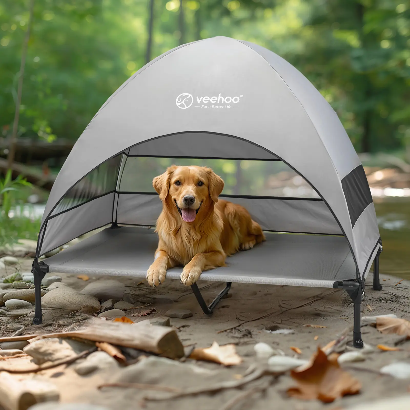#SummerVibes #petlovers Veehoo Outdoor Dog Bed with Canopy Cooling Elevated Pet Cot for Large Dogs Non-Slip Feet Grey Camping Beach Yard Essential with 3-Sides Full Shade & Great Ventilation