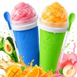 Slushy Maker with Lid and Spoon,Frozen Slushie Maker Cup, Quick Cooling Cup for DIY Homemade Smoothies, Milkshakes, and Frozen Drinks, Silicone Squeeze Cup for Kids and Adults, Blue/Green for Kids & Family