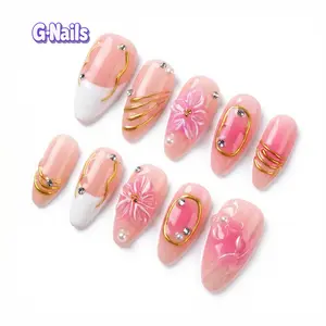 G Nails B02 Spring Pink 3D Floral 10pcs Handmade Press On Nails with Glue & Tool Kit for Everyday Spring Manicure Women Pinknails Almondnails Reusablenails Springnails