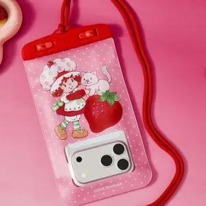 Waterproof Strawberry Shortcake Phone Pouch - Pink Design with Strawberry Motif and Red Strap