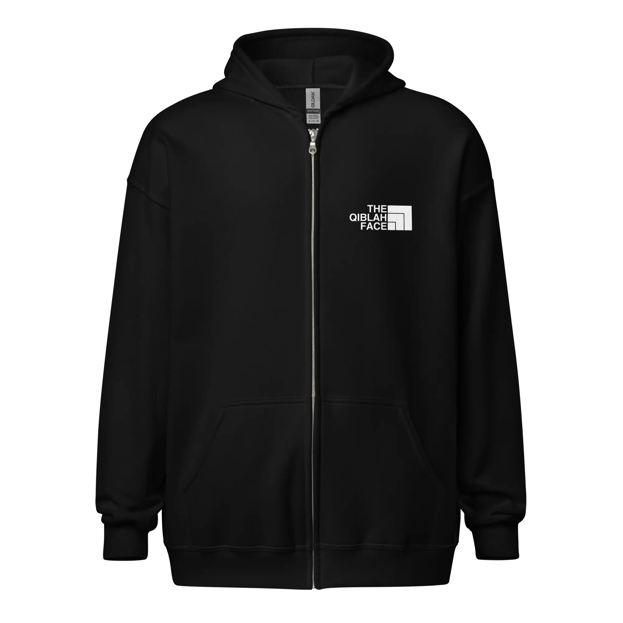 HOODIE Zip Heavy Blend (Adult) - THE QIBLAH FACE (Left Chest) w/ LOGO (Back) - White