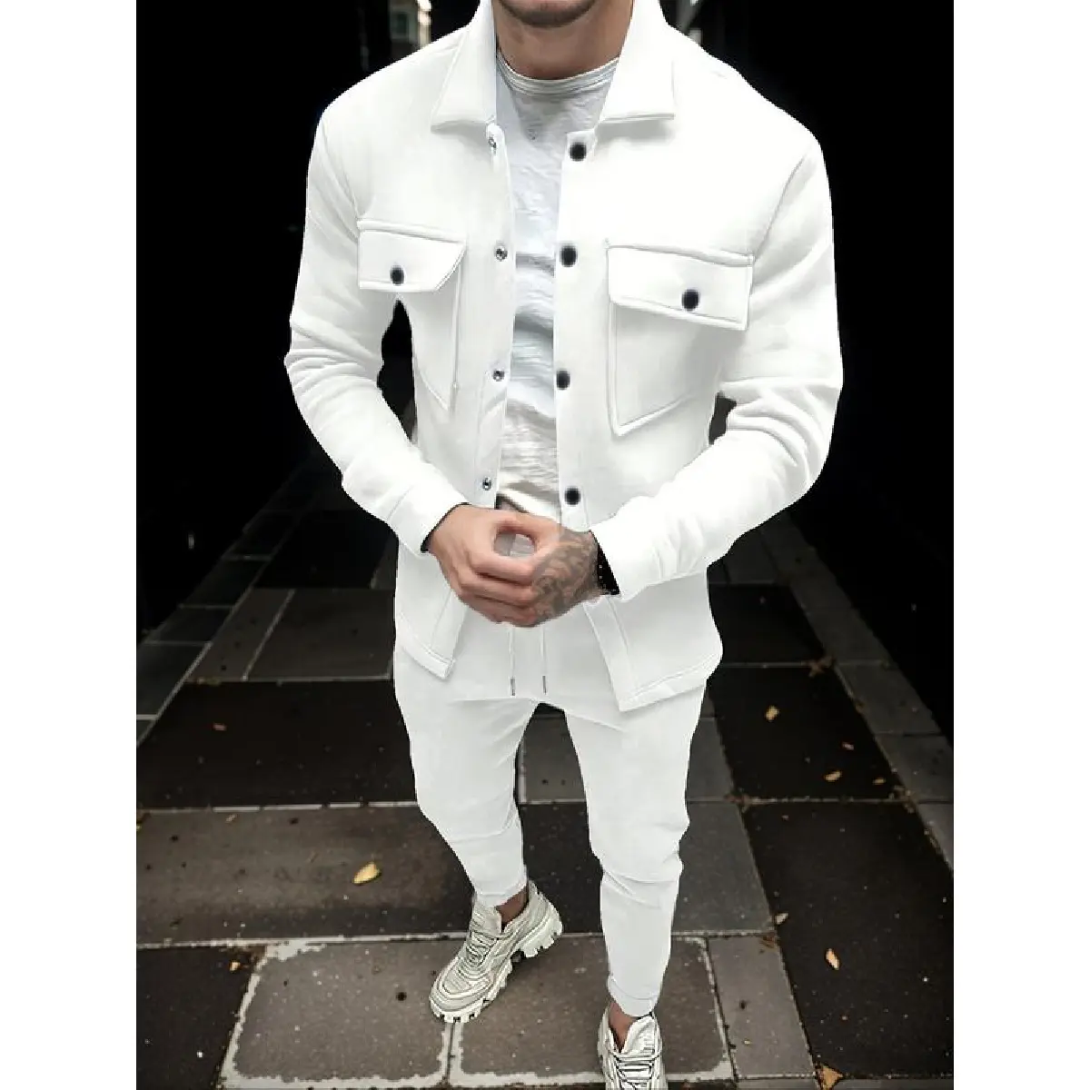 Men's Solid Button Front Pocket Jacket & Pants Two-piece Set, Regular Fit Casual Long Sleeve Collared Coat Outerwear & Trousers for Fall & Winter, Casual Wear, Men's Clothes for Daily Wear, Tracksuit Set