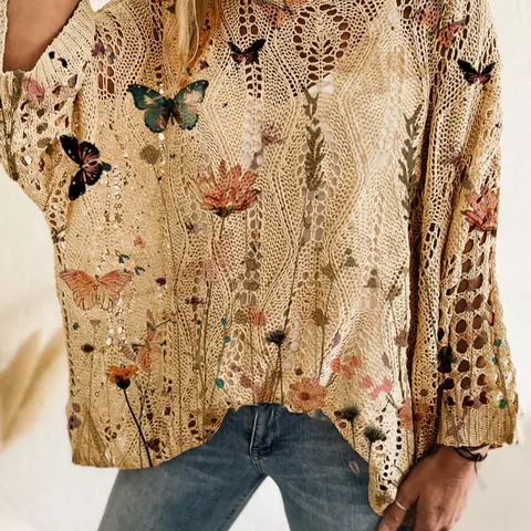 Women's Butterfly & Flower Print Longsleeves Hollow Out Batwing Sleeve Sweater, Boho Chic Floral Print Casual Loose Long Sleeve Top for Beach Vacation Holiday, Ladies Clothes for Spring & Summer, Casual Classy Elegant, Womenswear, Loose Tops