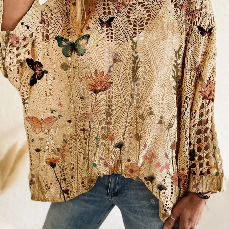 Women's Butterfly & Flower Print Longsleeves Hollow Out Batwing Sleeve Sweater, Boho Chic Floral Print Casual Loose Long Sleeve Top for Beach Vacation Holiday, Ladies Clothes for Spring & Summer, Casual Classy Elegant, Womenswear, Loose Tops