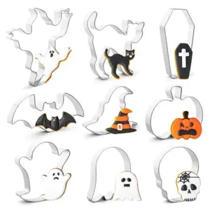 Halloween Cookie Cutters Set,9 Piece Stainless Steel Metal Halloween Cookie Cutters Shapes - Pumpkin, Ghosts, Bat, Black Cat, Witch's Hat, Skull, Coffin, 1, Silver