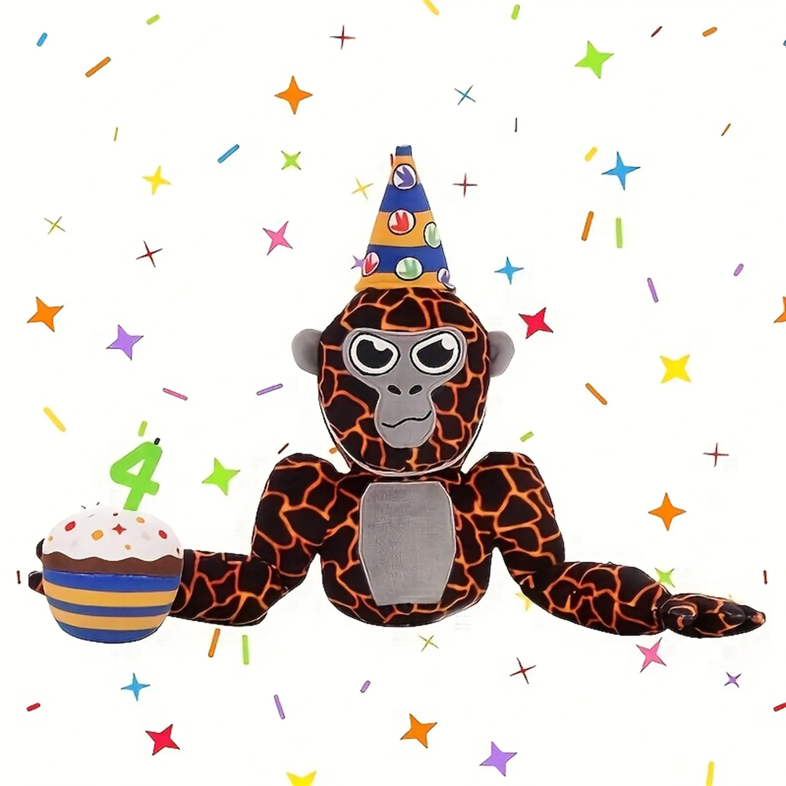 Tagged Monke 16.53" Plush Gorilla Toy - Soft, Cuddly Stuffed Animal with Birthday Hat & Stars, Ideal Gift for Halloween, Christmas, Birthdays, Gift for Youngsters | Playful Design | Polyester Fiber, Birthday Gift Item | Playful Stuffed Toy | Soft Fabric P