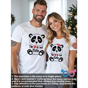 1pc Cute Panda Heart Pattern Couple'S T-Shirt | Romance Style, Crew Neck, Medium Stretch Fabric, Available in Multiple Colors, Sizes S-XXL