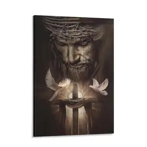 Christian Jesus Lion Poster Wall Art, Jesus And The Cross And The Dove Of Peace Decor Artwork Christian Wall Art Picture of God Posters