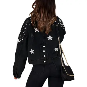 Womens Cropped Pearls Beading Jean Jacket Ripped Star Embroidered Denim Jacket Coat