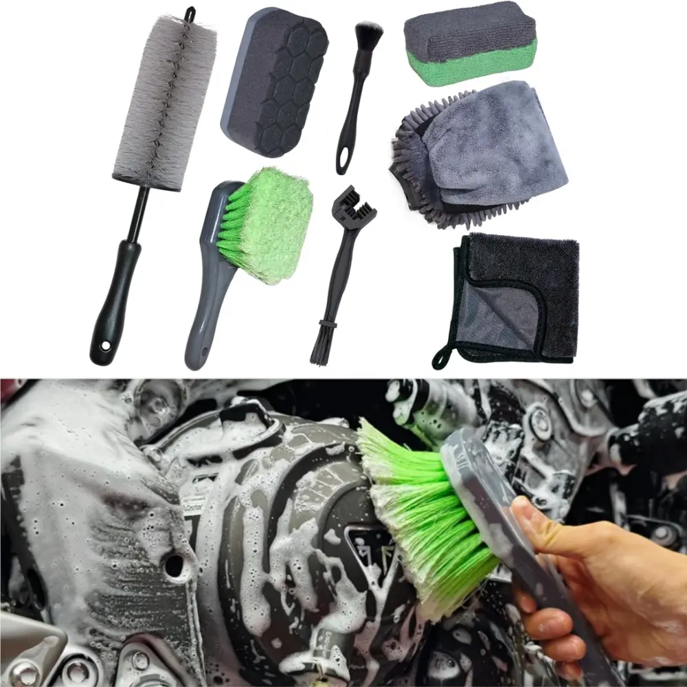 8PCS Motorcycle Cleaning Kit - Professional Safe for Chrome/Engine/Tires, Hard Reach Brush,Detailing Tools, Drying Towel & Wax Applicators