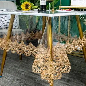 Clear Round Tablecloth Waterproof Vinyl PVC Tablecloth Embroidered Lace Edge Transparent Table Cover for and Indoor Uses-Round 43 inch, Brown