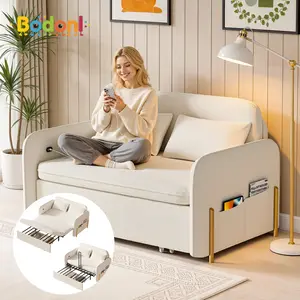 Bodoni 3-In-1 Convertible Sofa Bed Boucle Loveseat Sleeper with Drawers Side Pockets 2 Pillows USB Ports Gold Legs for Living Room reading chair davenport furniture Set couch sectional