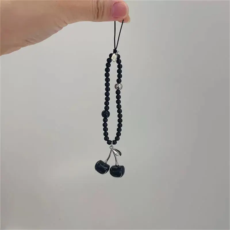 Black Cherry Mobile Phone Chain Cute and Versatile Black Bead Short Wrist Rope