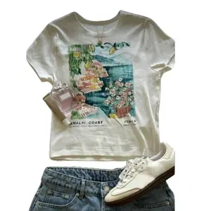 Women's Slogan & Floral Print Round Neck Short Sleeve Casual Versatile T-Shirt, Y2K Style, Fitted, All Seasons, Graphic Pattern