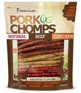 Pork Chomps Dog Chews, 5 Inch Munchy Sticks, 50 Count - Assorted Flavors: Roasted Pork, Chicken, & Bacon - Long-Lasting Treats for Dogs - High Protein, Low Fat, Healthy & Delicious Chews (1 Pack)