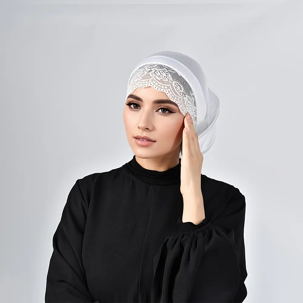 Ramadan Lace Tube Cap - Skin-Friendly Soft Base Cap, Everything Scarf Base Cap, Composition: Polyester, Machine Wash or Professional Dry Clean, Solid Color, Black, All-Season, Woven