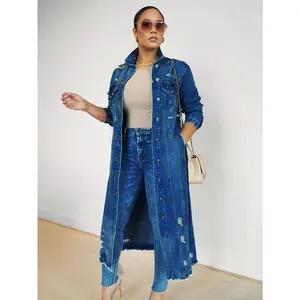 Womens Distressed Ripped Denim Trench Coat Casual Slim Button Down Washed Long Jean Jacket Long Sleeve Solid Color Coat