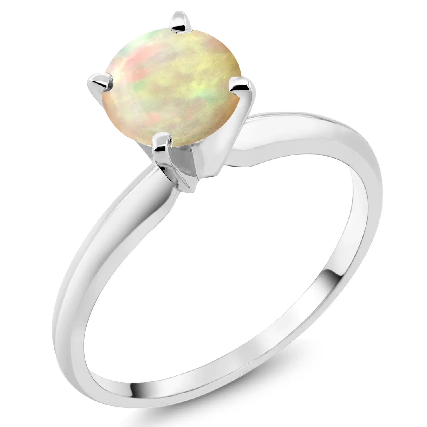Gem Stone King 14K White Gold 4-Prong Round White Ethiopian Opal Solitaire Ring for Women, 0.56 Cttw, 6MM, October Birthstone, Engagement Rings for Birthday, Wedding, Anniversary, Mother's Day