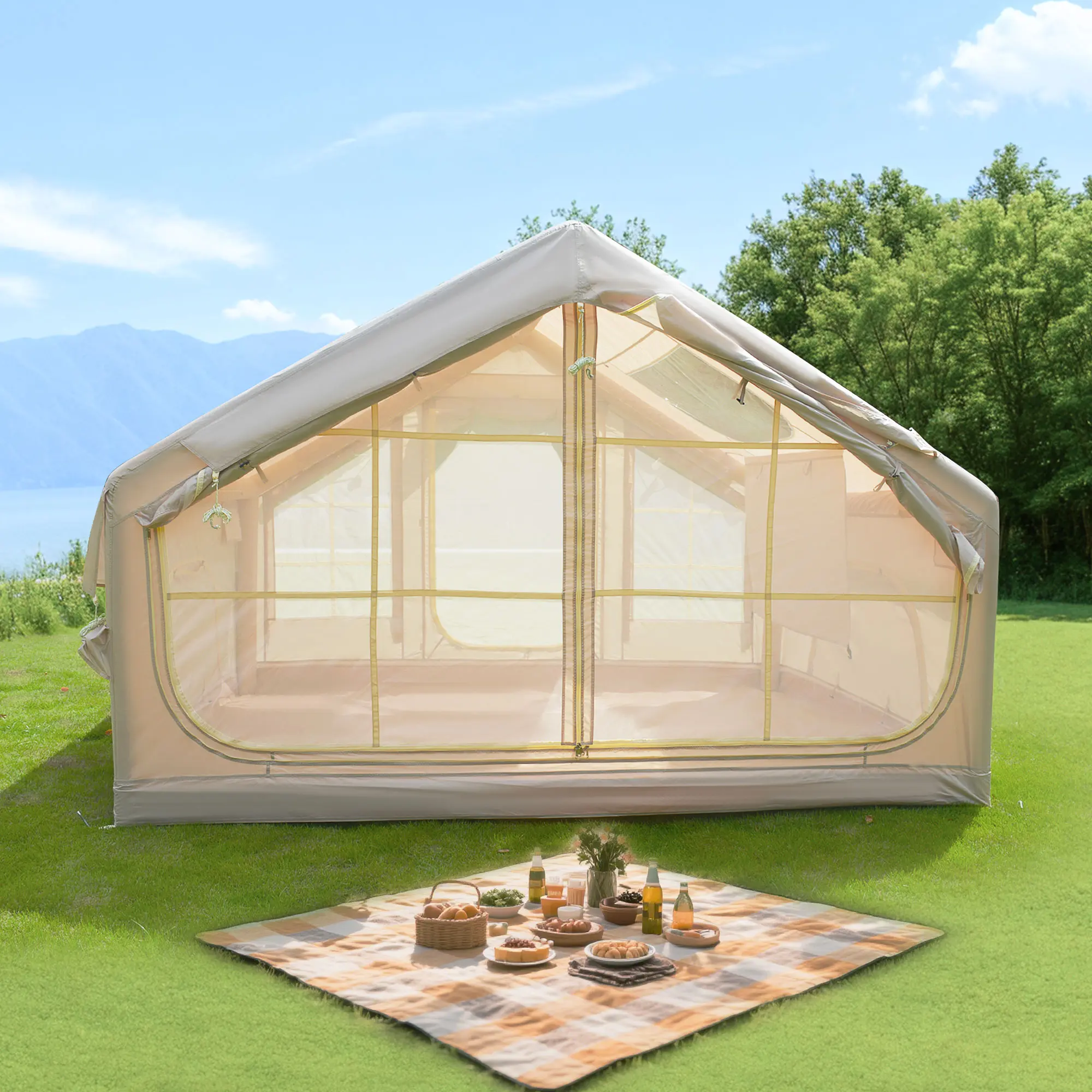 Easy Setup Inflatable Camping Tent 4/6 Person Blow Up Air Glamping Room Tent House with 420D Oxford Fabric & Dual Layer Mesh Ventilation Window for Outdoor Adventures